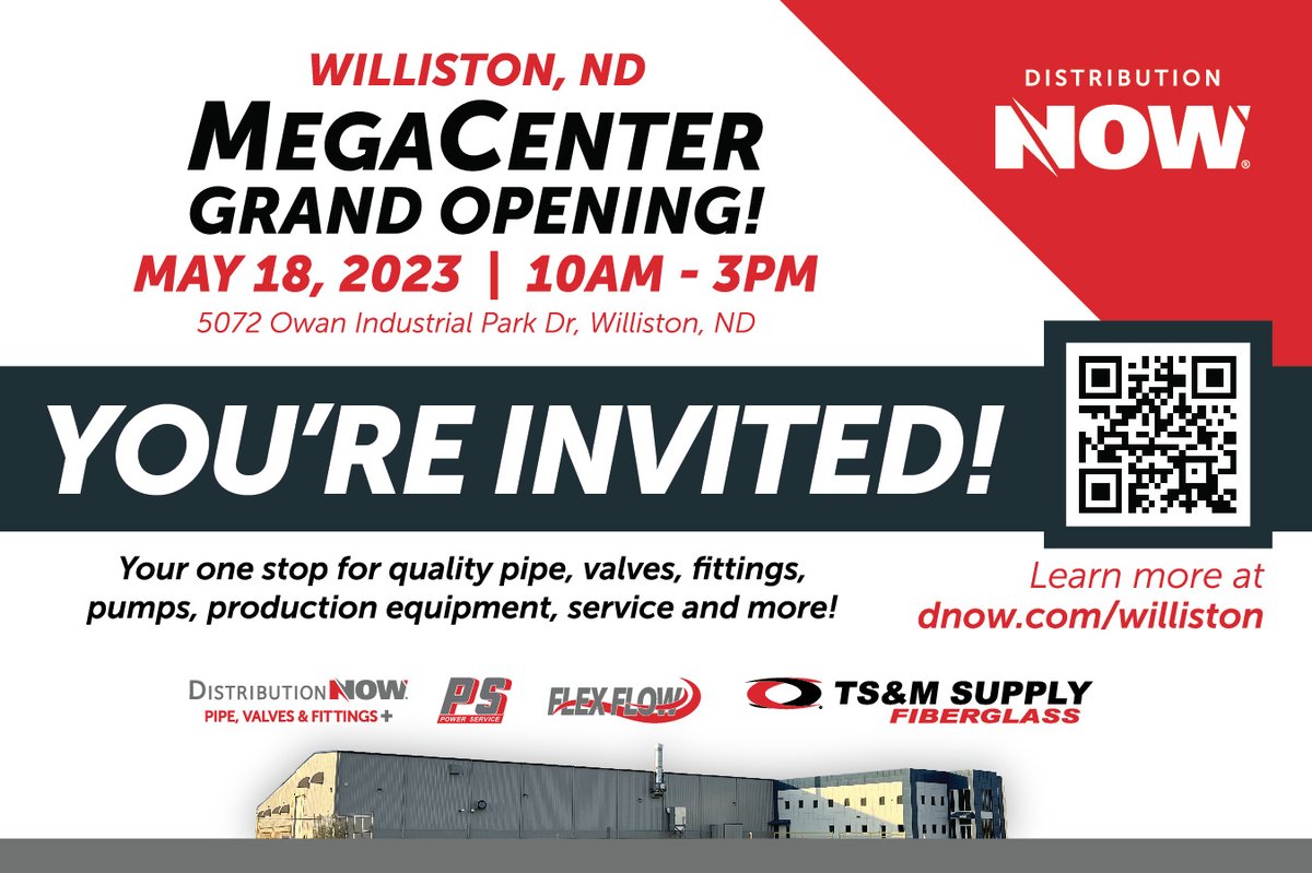 DNOWInc's tweet image. Join us May 18th for the GRAND OPENING of #DistributionNOW&apos;s #Williston Megacenter - the #Bakken&apos;s top #oilandgas solutions provider of pipe, valves, fittings, horizontal pump solutions, production equipment &amp;amp; more. 🔗 hubs.la/Q01PzR8d0 

#DNOW #EnergyDelivered #northdakota