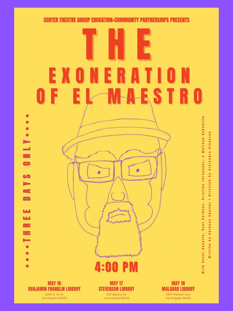 heyantny's tweet photo. Next week, readings of a new play I've been working on.
"The Exoneration of El Maestro." 
Presented at three Los Angeles Public Libraries. Free! Come on by and say hi. 
#WritingCommunity https://t.co/NKSf2zISOg