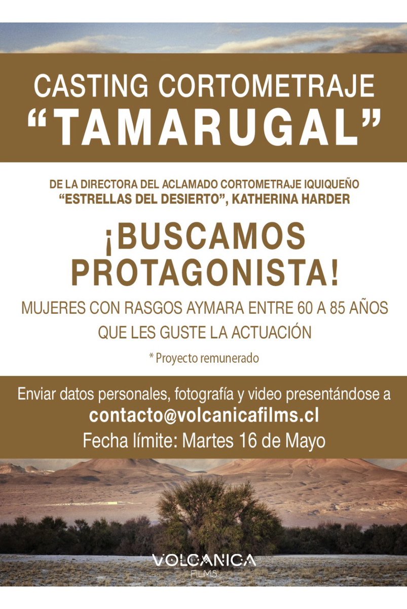VolcanicaFilms (@volcanicafilms) on Twitter photo Atención Región de #Tarapacá ! 🎬Buscamos protagonista de nuestro próximo cortometraje dirigido por <a href="/KatherinaHarder/">Katherina Harder</a> , directora del aclamado y premiado ‘Estrellas del desierto’ #Iquique #Altohospicio #Pozoalmonte #Huara #Camiña . Se agradece difusión 🙏🏻✨✨✨ Atención Región de #Tarapacá ! 🎬Buscamos protagonista de nuestro próximo cortometraje dirigido por <a href="/KatherinaHarder/">Katherina Harder</a> , directora del aclamado y premiado ‘Estrellas del desierto’ #Iquique #Altohospicio #Pozoalmonte #Huara #Camiña . Se agradece difusión 🙏🏻✨✨✨