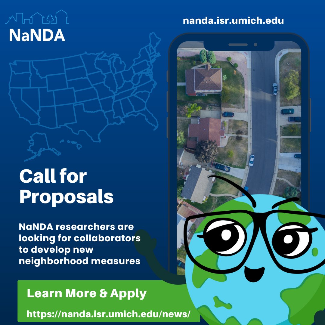 <a href="/UM_NaNDA/">The National Neighborhood Data Archive (NaNDA)</a> is looking for collaborators to develop new neighborhood measures.  Check out the Call for Proposals on our News page. @SEH_research <a href="/UM_SRC/">UM SRC</a> <a href="/umisr/">U-M ISR</a>  nanda.isr.umich.edu/2023/05/11/052…