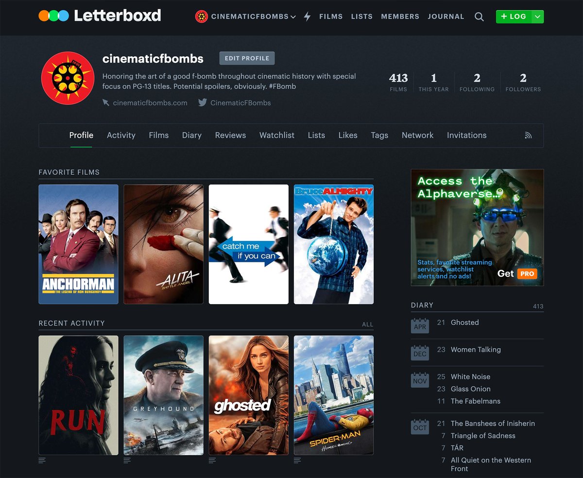 CinematicFBombs's tweet image. Cinematic #FBombs is now on @letterboxd with each title on the site logged by its US release date to show the evolution of the word&apos;s use via the Diary tab—currently from M*A*S*H and FIVE EASY PIECES in 1970 to GHOSTED in 2023. Come give us a follow!

letterboxd.com/cinematicfbomb…