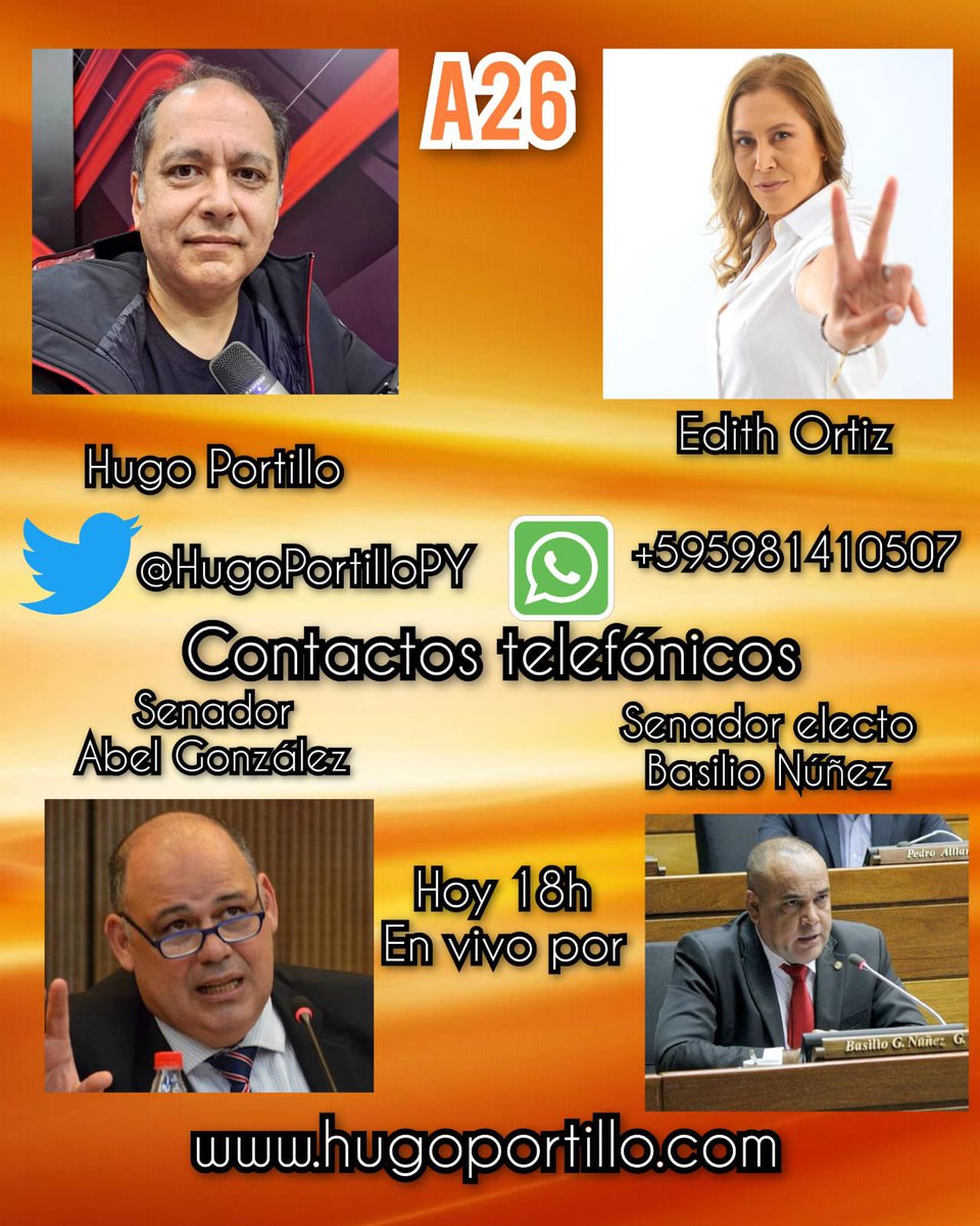 Te invito a ver Artículo 26 con <a href="/edithortizg/">EDITH</a> a las 18h

Hablaremos con el senador electo @bachinunez_nuez y el senador <a href="/abelg_senador/">Senador Abel González</a> 

Todos los legisladores tienen representatividad y legitimidad?

x.com/HugoPortilloPY

youtube.com/@HugoPortillo

hugoportillo.com