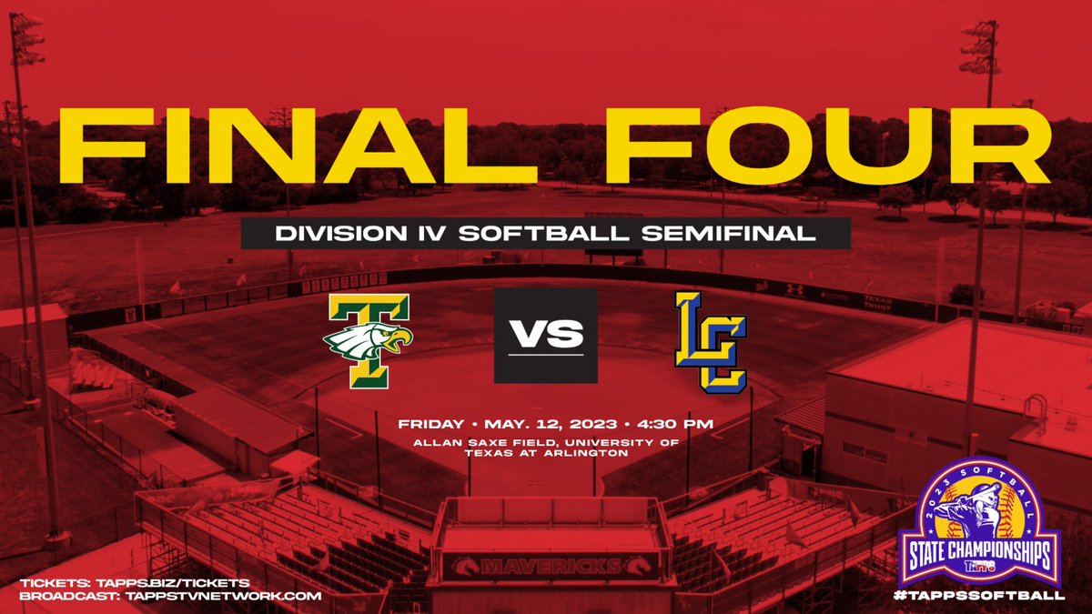 TOMORROW! #TAPPSsoftball Div. IV Semifinal: Temple Christian of Ft. Worth vs. Lubbock Christian
Friday, May 12 , 4:30 PM 🥎🏅
📍 Allan Saxe Field
🎟  tapps.biz/tickets/
📺 tappstvnetwork.com/TAPPSTV/
🎙tapps.biz/radio/ (free!)
👉 bit.ly/3pyRv4B