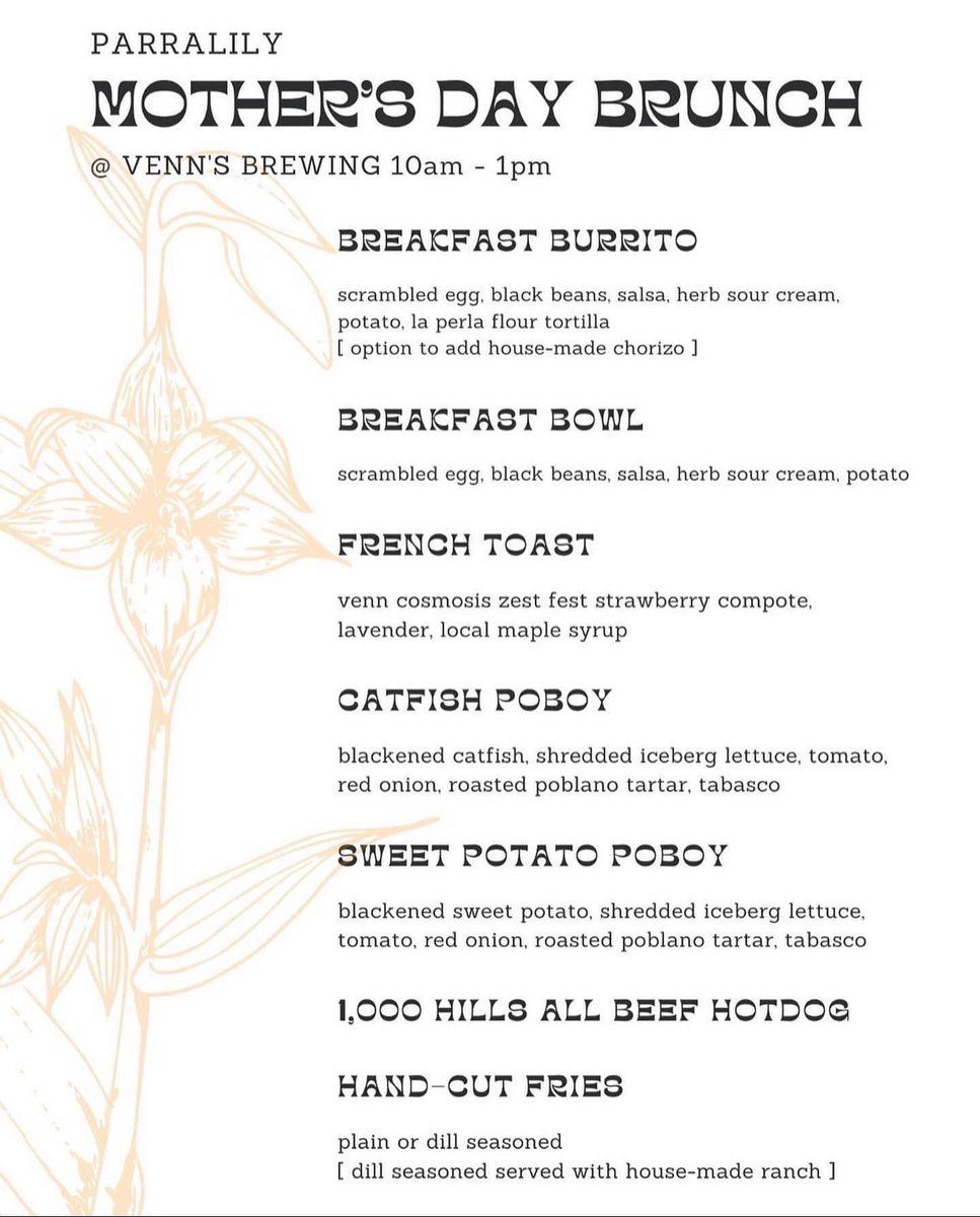 Mother’s Day is for brunch, and celebrating the mom figures in your life. 
5/14, 10a-1p @parralily_foodtruck is coming with amazing brunch food and we will have the coffee and/or beer. 
Whatever mom wants.💙