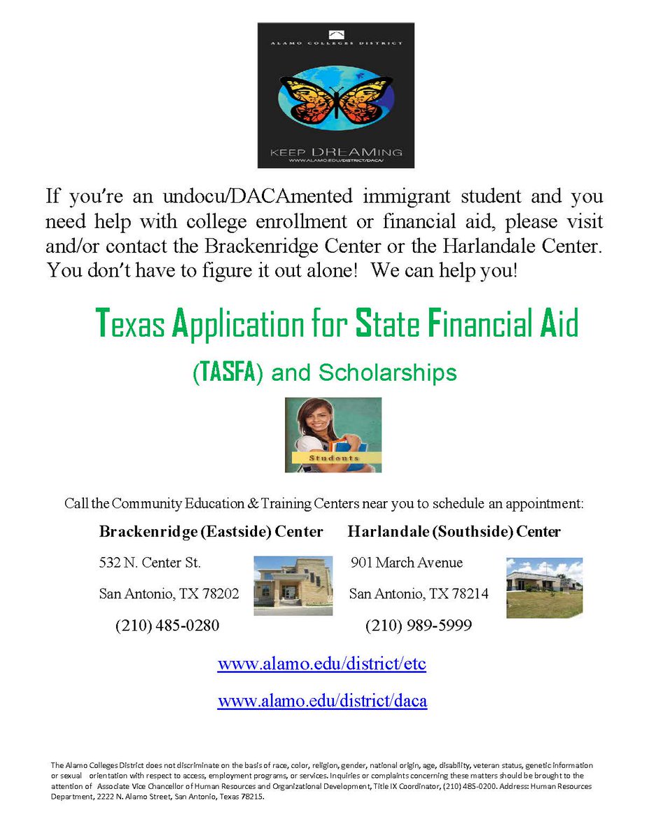 setc_alamo's tweet photo. Need assistance completing your TASFA? Come see us at the Brackenridge Education &amp; Training Center! See flyer for more details. https://t.co/XtrxJdMwlQ
