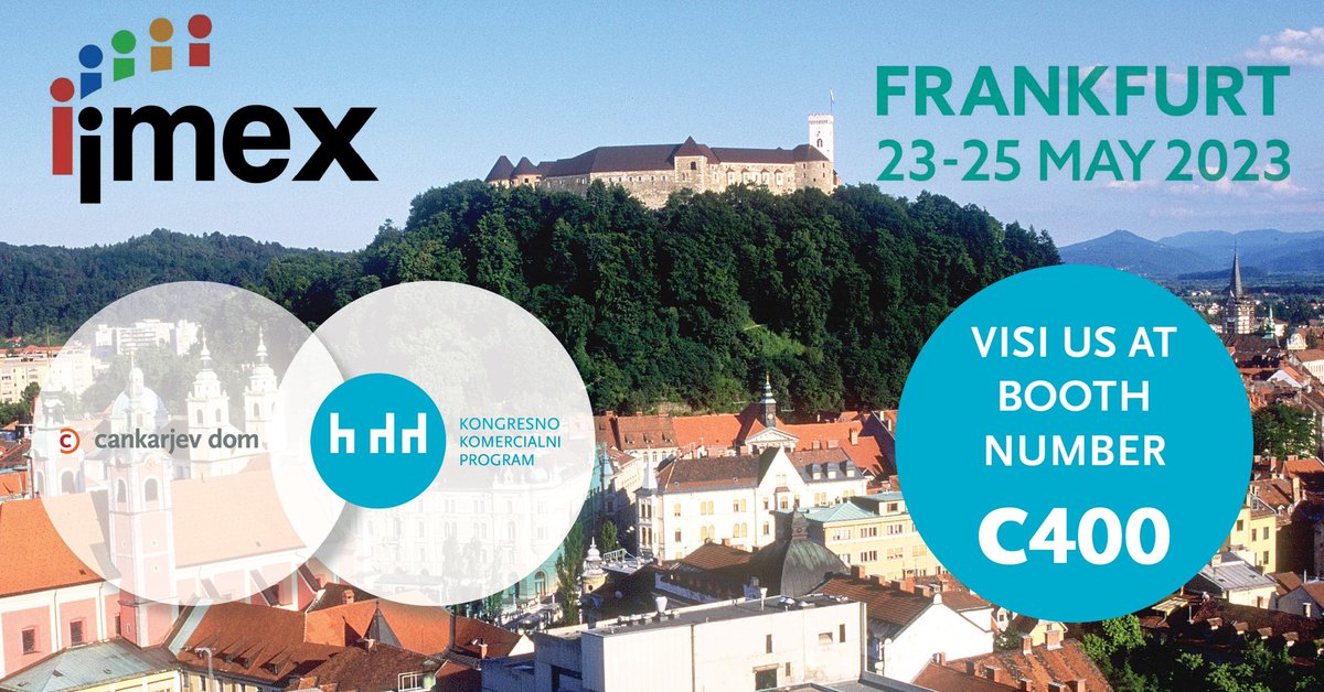 Are you attending #imex2023 Frankfurt?
Do not miss booth C400 and discover why #Slovenia &amp; Cankarjev dom - CD Congress Centre Ljubljana  are the perfect destination for your event.
 
Book an appointment with us: lnkd.in/d4A2bPZW 
 
We are excited to see you in #Frankfurt