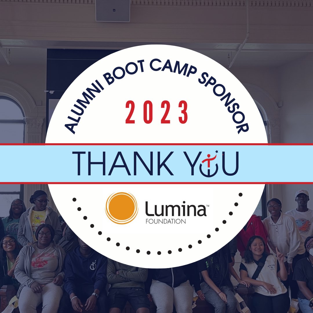 A heartfelt thank you to our incredible partner, Lumina Foundation, for making our Alumni Bootcamp possible! Our Bootcamp will cover financial literacy, self-care, community resources, and more. We couldn't have made this happen without the generous support of Lumina Foundation.