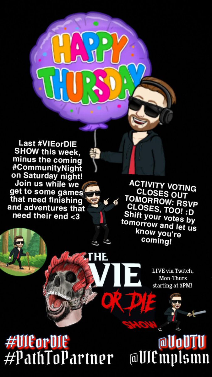 #ThriftyThursday on THE #VIEorDIE is here!
#CommunityNight on Saturday!

@VIEmplsmn - Twitch & socials
@VoDTV - YT
@vieordietv - TikTok
#musician #producer #DJ #varietystream #mentalhealth #selflove #PathToPartner #fulltime #TwitchAffiliate #action #horror #voice #comedy #fyp