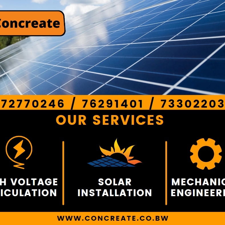Concreatebw's tweet image. Don't be left out, contact us and join our waiting list of Borehole solar installation, building construction, electrical installations and any other service of your needs. #Concreate #InvestInStrength