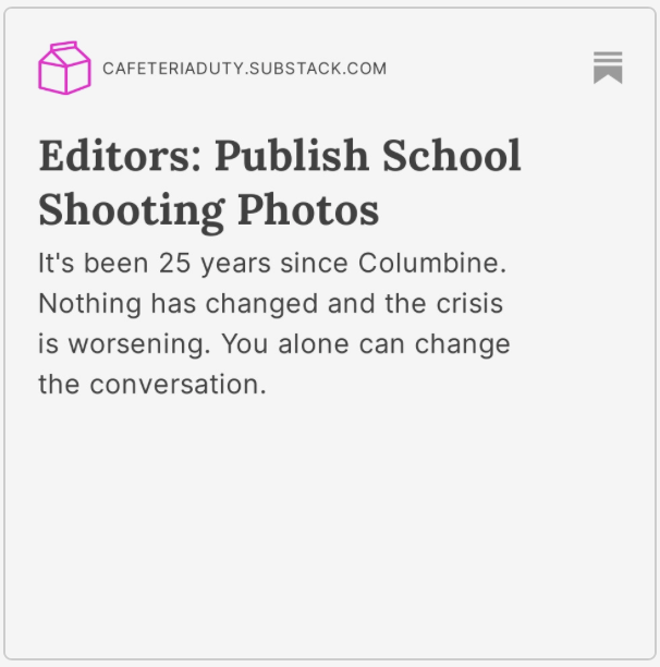 At this point, only news editors have the power to end school shootings. Publish photos of the victims, however horrific. To do nothing is to abide 25 more years of murder. 

bit.ly/3W2FDnC