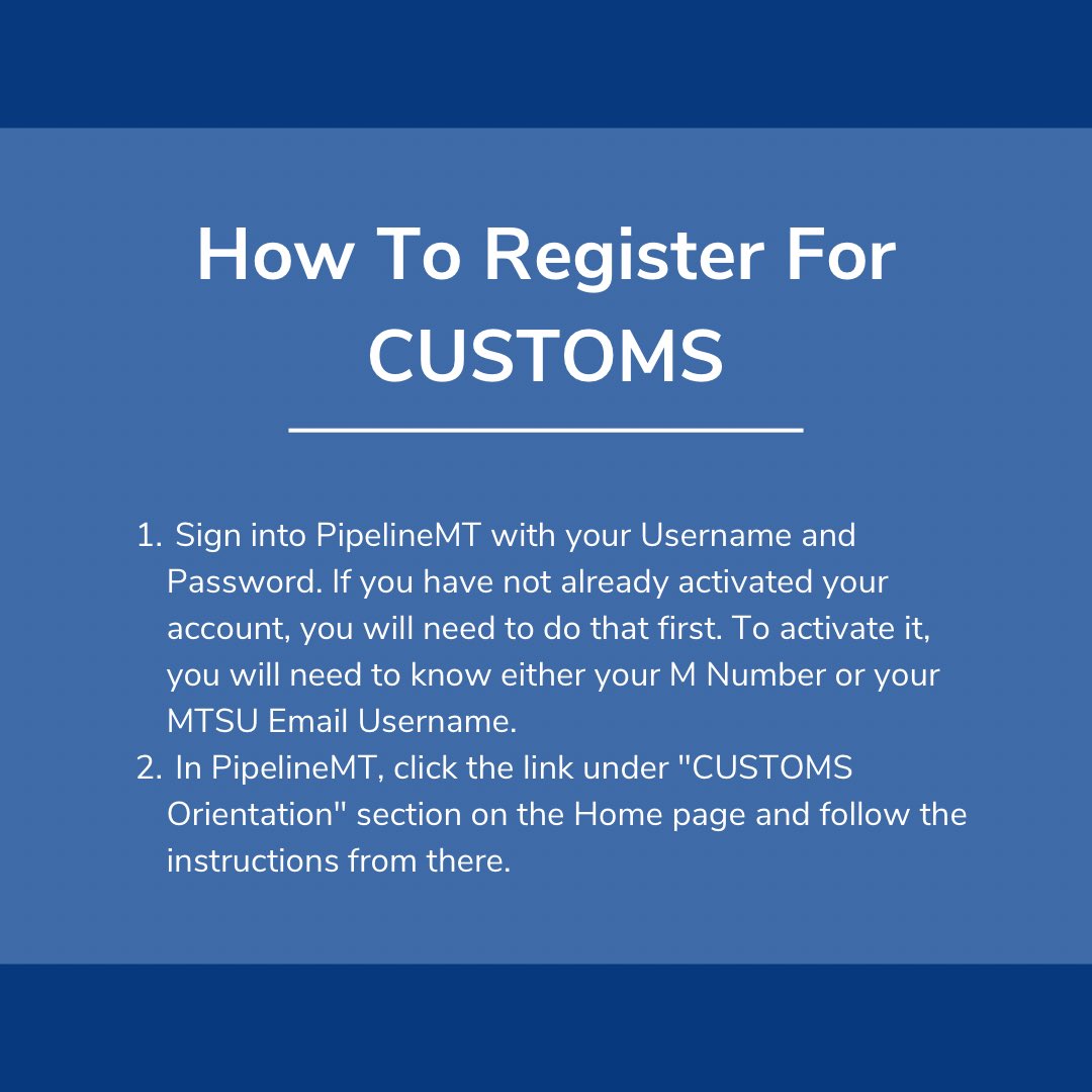 MTAdmissions's tweet photo. Our CUSTOMS sessions are coming up soon! Scroll through to learn more about  what to expect from CUSTOMS and how to sign up for it. #mtsu #mtsucustoms #orientation https://t.co/eGmguR2QUB