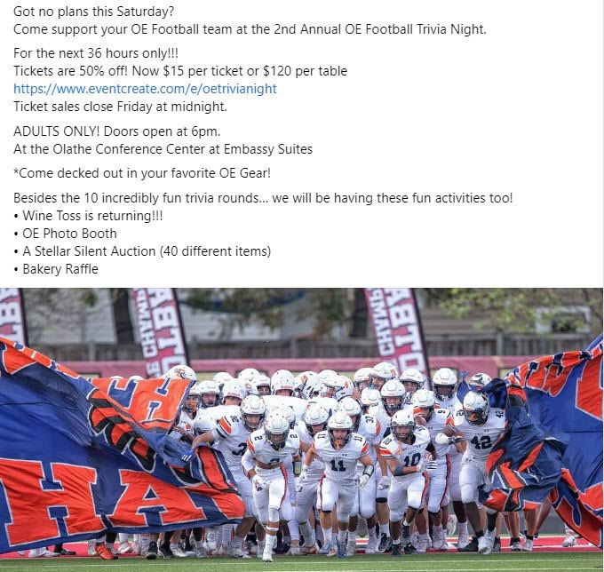 For the next 36 hours only!!!
Tickets for <a href="/OEHawksFootball/">Olathe East Football</a> trivia night and silent auction are 50% off! Now $15 per ticket or $120 per table.  Buy Tickets at the link on the photo below. Doors open at 6pm. <a href="/OEFootballboost/">OE Football Boosters</a>