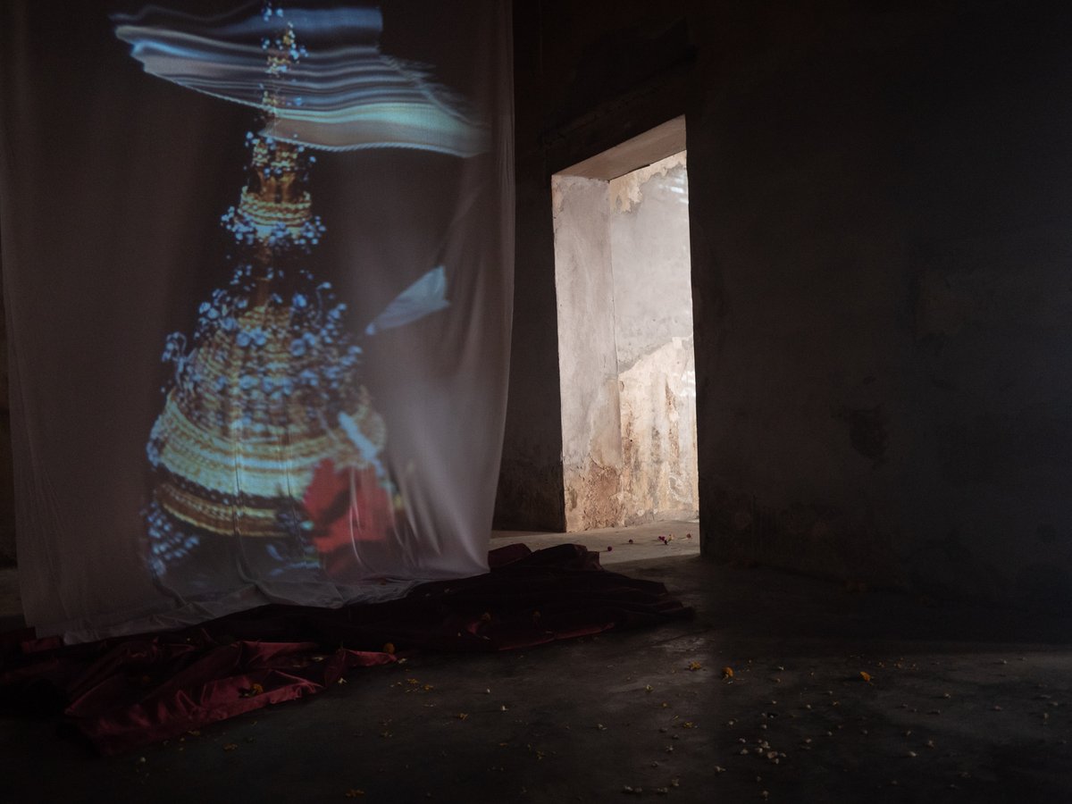 The central room from "The River Cannot Contain the Graces of Dance" an 11 minute film loop which showed manipulated Chatri iconography, cultural Chatri artifacts and manipulated material of Kanya, the last remaining traditional Chatri dancer #newmedia #videoartist #touchdesigner