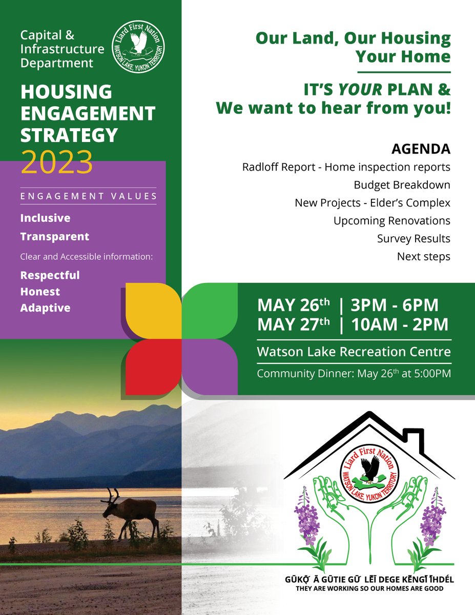 Liard_FN's tweet photo. The #LFN Capital &amp; Infrastructure Department will be hosting a #Housing Engagement Strategy event on May 26th from 3-6pm and May 27th from 10am-2pm at #WatsonLake Recreation Centre.

There will be a community dinner on May 26th at 5pm.

We hope to see you all there! https://t.co/dbLdDT00CZ