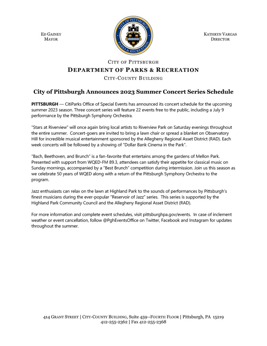 Pittsburgh's tweet image. .@CitiParks  and @PghEventsOffice have announced their concert schedule for the upcoming summer 2023 season. Three concert series will feature 22 events free to the public.

For more information and complete event schedules, visit pittsburghpa.gov/events/