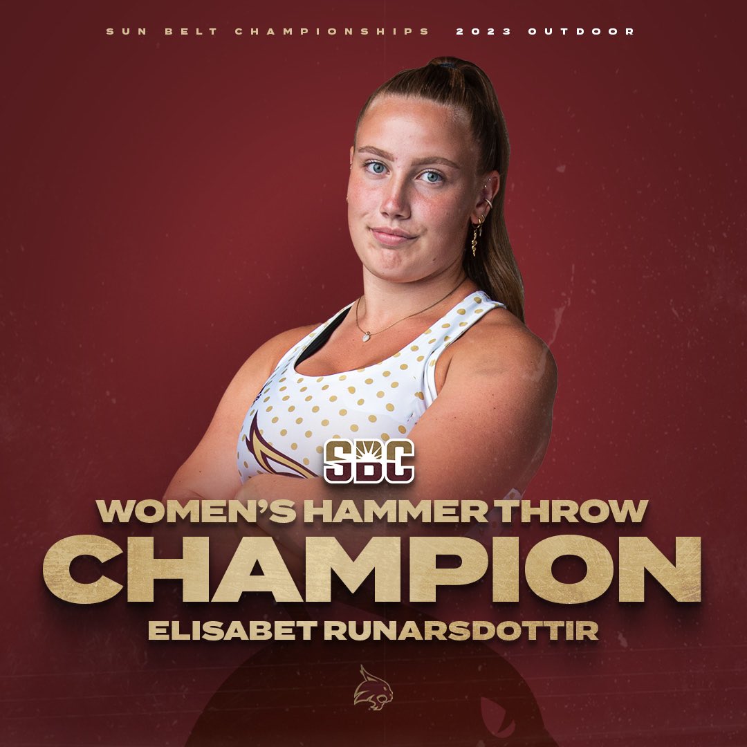 Conference Champion 🥇 

Freshman Elisabet Runarsdottir won the #SunBeltTF women’s hammer throw with a toss of 65.53m/215-0!

#EatEmUp