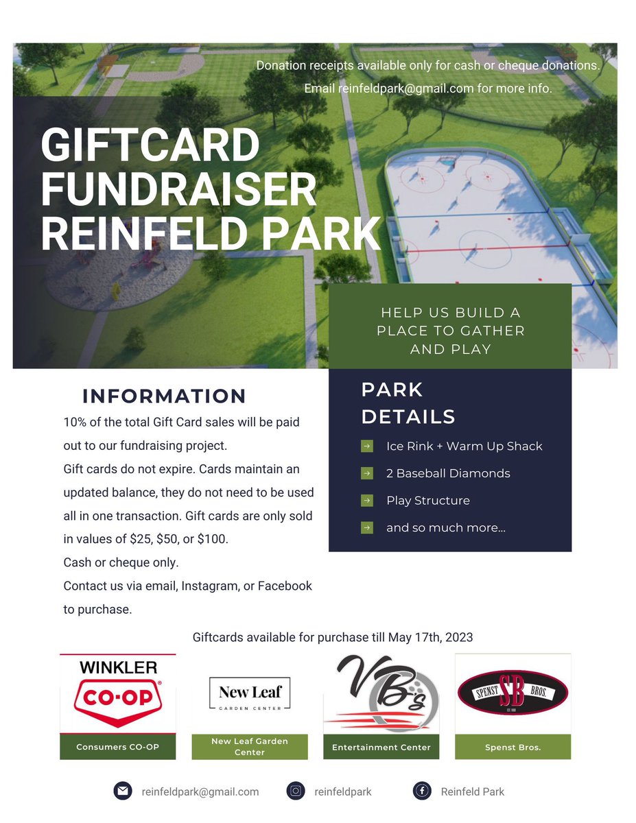 Hello Southern Manitoba! 
Please have a look at this exciting project we are working on in the RM of Stanley. If you wish to purchase any gift cards, kindly reach out to the email address shown on the sign. 
Thanks in advance!
#ruralmanitoba #manitoba #rmstanley #reinfeldpark