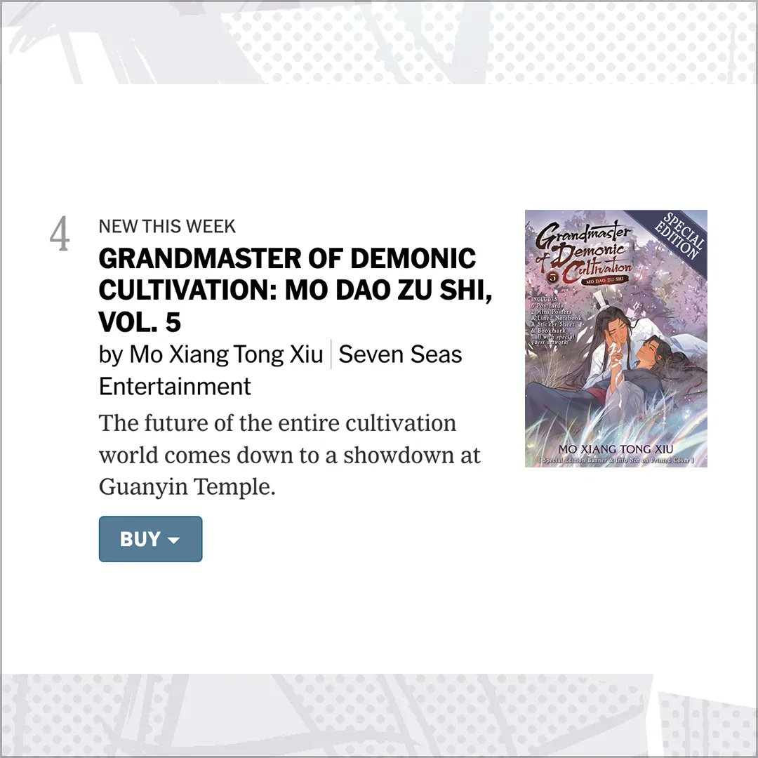 Going out with a bang! 💥😉 Thank you again, #SevenSeasDanmei fans: GRANDMASTER OF DEMONIC CULTIVATION: MO DAO ZU SHI (NOVEL) Vol. 5 just hit #4 on the New York Times Best Sellers list—the highest rank for a #danmei novel ever! 🎉 #MDZS

nytimes.com/books/best-sel…