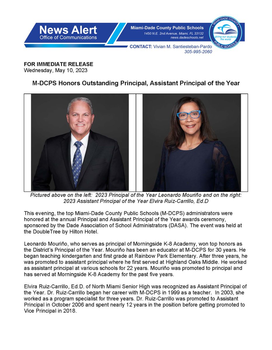 MDCPS's tweet photo. .@MDCPS Honors Outstanding Principal, Assistant Principal of the Year. #MDCPSPOY @AcademyMK8 @NMSPioneers
https://t.co/aPwTAbzrui https://t.co/d5YqueeeDl