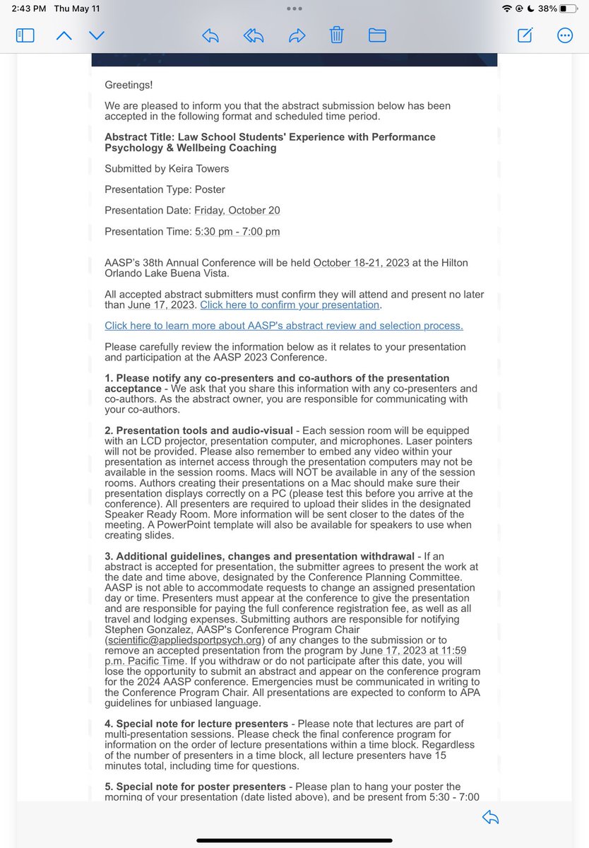 Excited to see ⁦<a href="/kdtowers/">Keira Towers</a>⁩ accepted to present at #AASP2023 on our work with ⁦@UTKLaw⁩ Pumped to continue the partnership next year to help UT Law students in their mental performance and wellbeing ⁦<a href="/UTK_KRSS/">UTK_KRSS</a>⁩ ⁦@UTKCEHHS⁩ ⁦<a href="/AASPTweets/">AASP</a>⁩ ⁦⁦