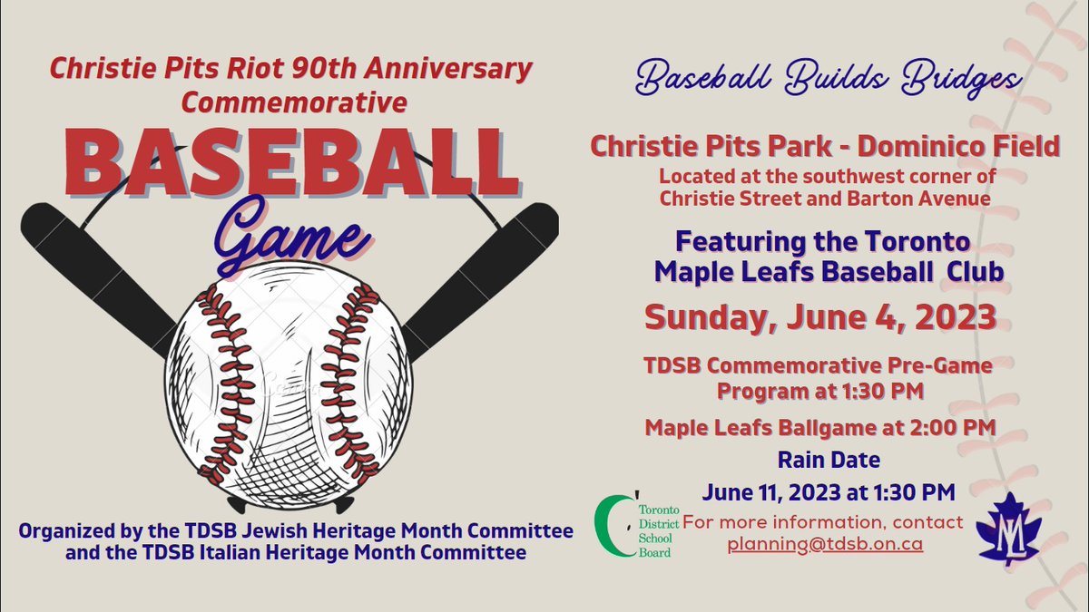 Italian Heritage Month @TDSB (@tdsbitalianher1) on Twitter photo ⚾️SAVE THE DATE! Join @TDSB students, staff and families on Sunday, June 4 for a commemorative baseball game in honour of the #ChristiePitsRiot90thAnniversary. Organized by <a href="/TDSB_JH/">TDSB_JewishHeritage</a> and @TDSBItalHer1, the <a href="/IBLMapleLeafs/">Toronto Maple Leafs</a> game will be held at Dominico Field-Christie Pits Park. ⚾️SAVE THE DATE! Join @TDSB students, staff and families on Sunday, June 4 for a commemorative baseball game in honour of the #ChristiePitsRiot90thAnniversary. Organized by <a href="/TDSB_JH/">TDSB_JewishHeritage</a> and @TDSBItalHer1, the <a href="/IBLMapleLeafs/">Toronto Maple Leafs</a> game will be held at Dominico Field-Christie Pits Park.