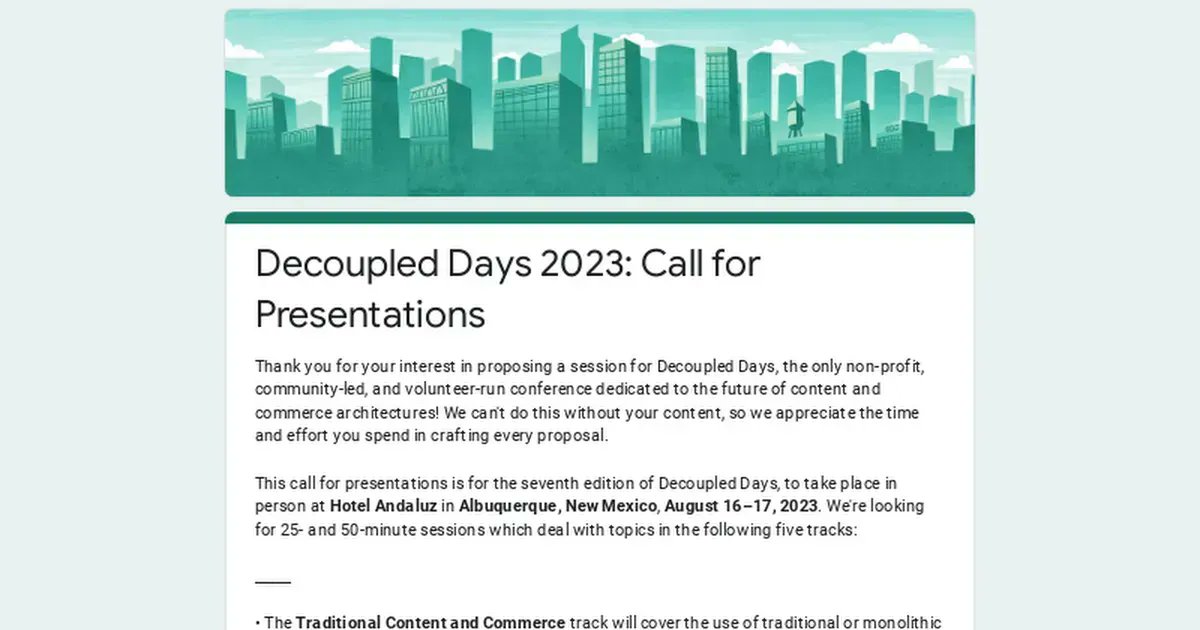 decoupleddays's tweet photo. 36 hours before the deadline for #CallForPapers! Don't miss the only conference on the future of #CMS, #headlessCMS, and #decoupledCMS!
#JAMStack #JavaScript #Drupal #DrupalCon
π Call for Papers: https://t.co/AnT5ttcLff
π https://t.co/dUzMEcxuqN https://t.co/PxxUwhIwr0