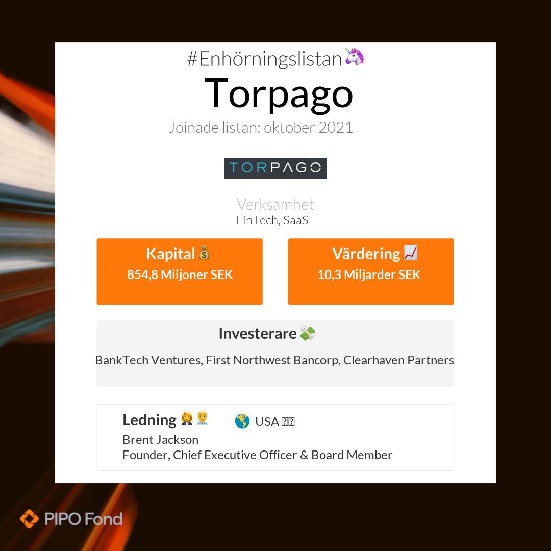 Torpago kommer från USA 🇺🇸. De värderades till 10,3 Miljarder SEK i senaste rundan och har totalt rest 854,8 Miljoner SEK. #Enhörningslistan🦄
