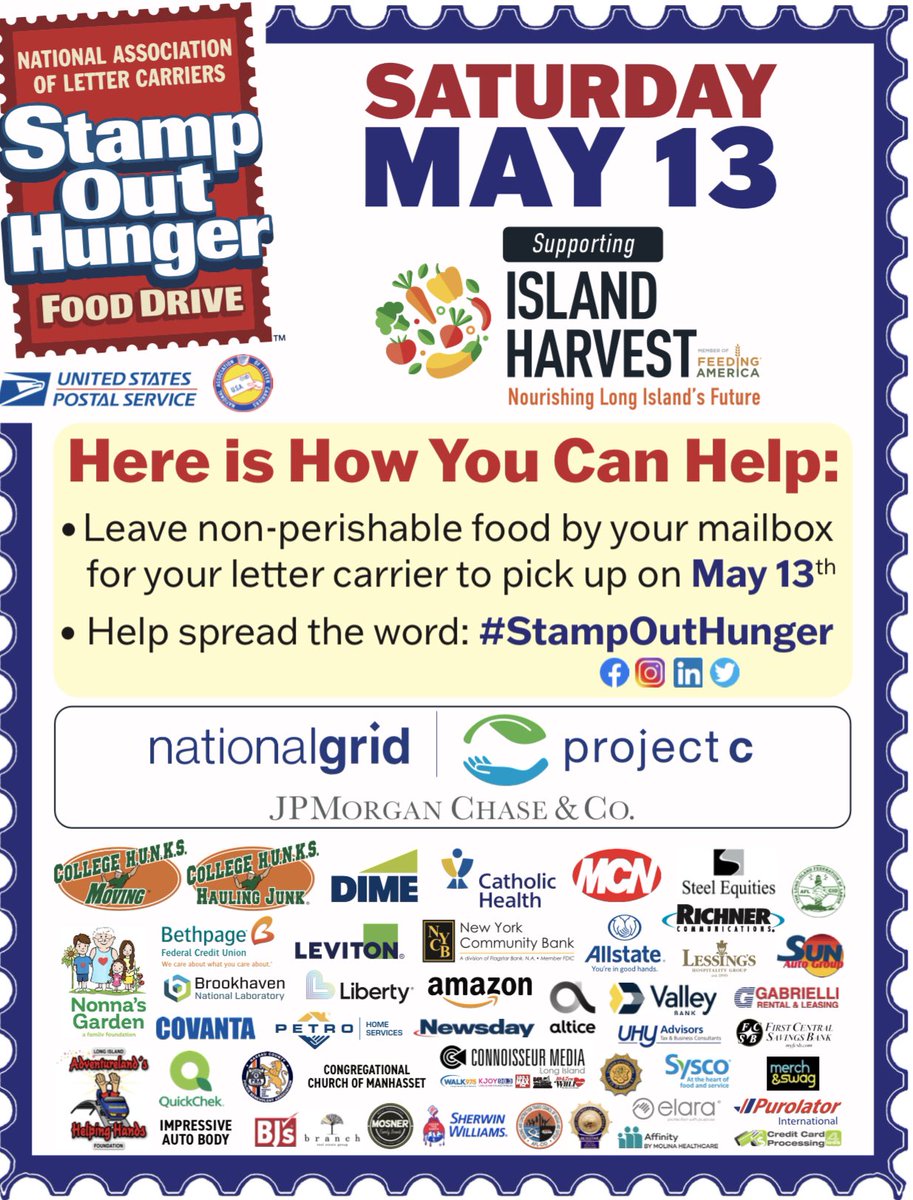 This morning I was proud to stand with @IslandHarvest as they announced their #StampOutHunger Food Drive in partnership with the @NALC_National taking place this Saturday, May 13th.
