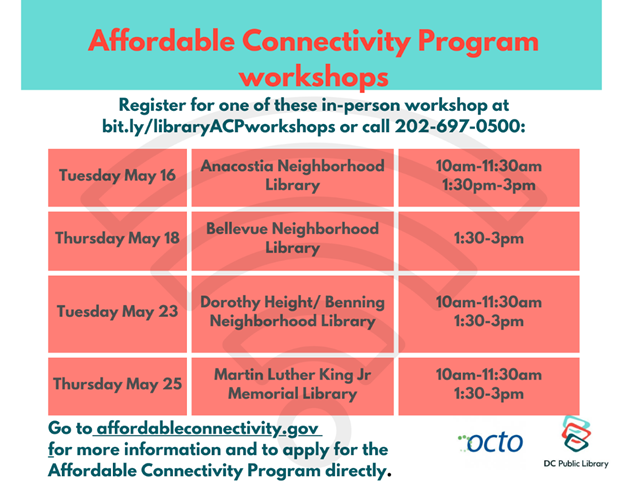 Do you or someone you know not have wifi at home? Here is a great opportunity to get financial support to pay for home wifi service. Our friends at @dcpl and @OCTODC host helpful workshops, or just visit affordableconnectivity.gov to learn more and apply!