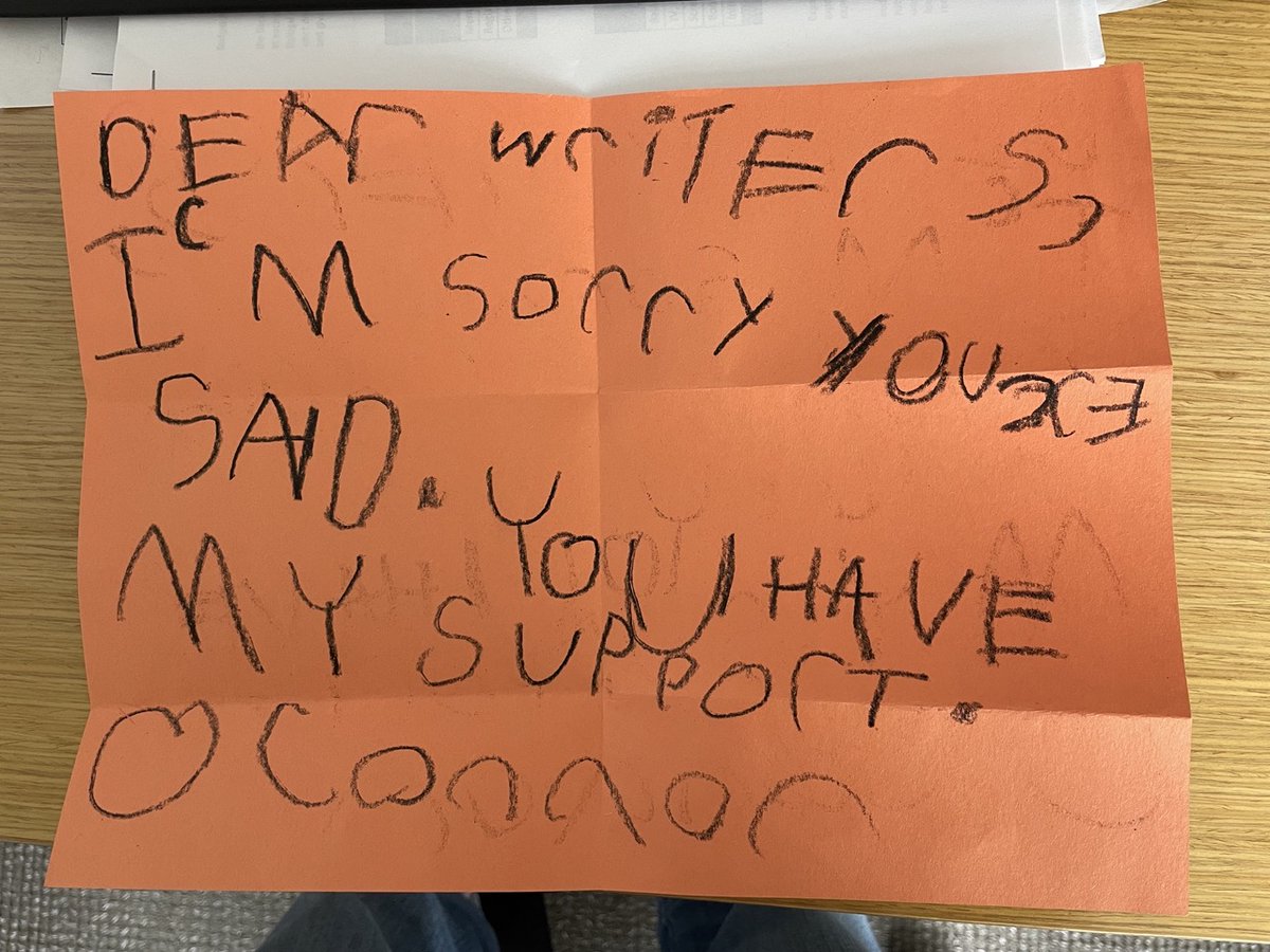 Every day we're reminded that we couldn't do this without our supporters and by "our supporters" we specifically mean 5-year-old Connor L. from Long Island who recently sent this letter to the WGAE office.

Thank you for your support, Connor! #WGAStrong #WGAStrike