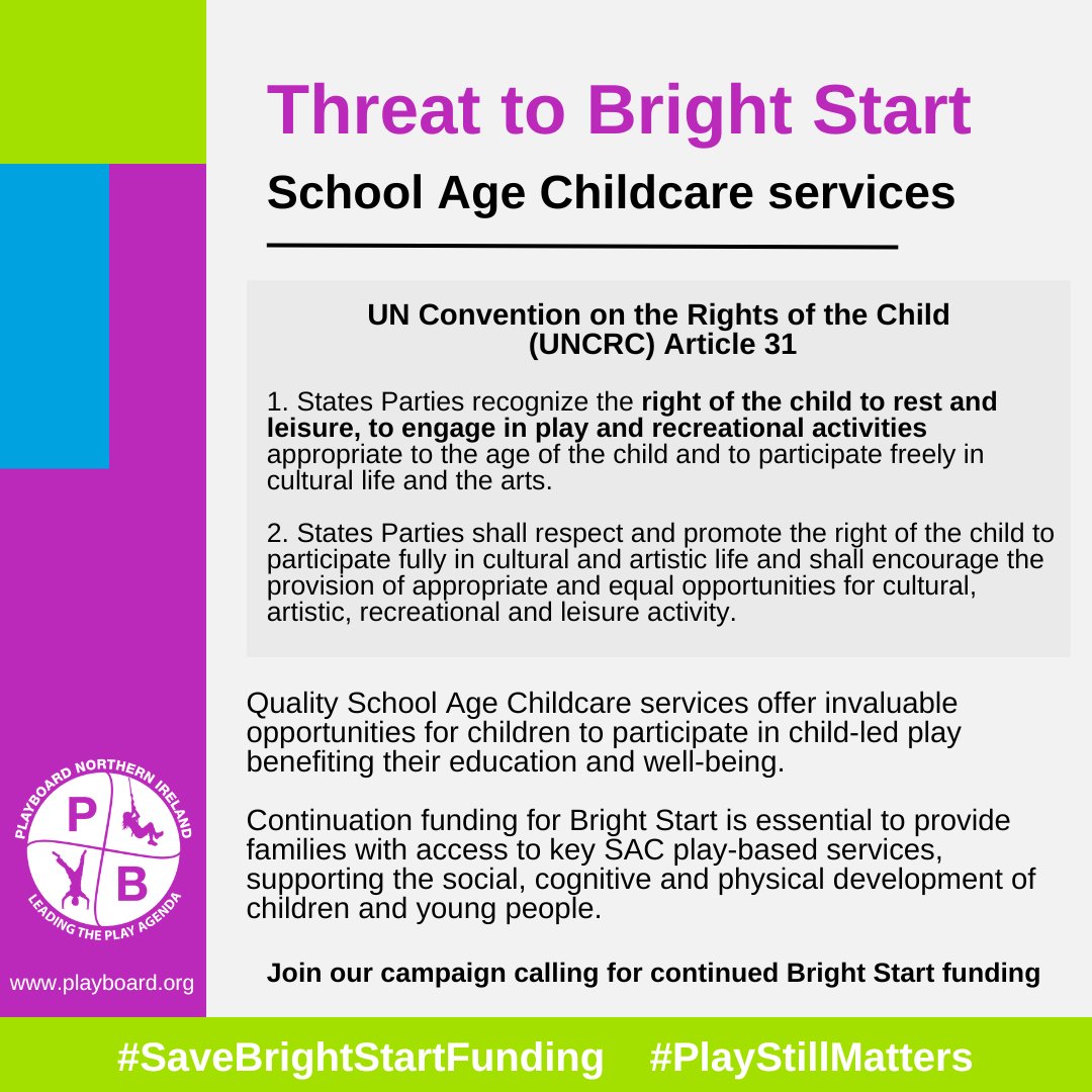 playboard_'s tweet photo. Quality SAC services offer invaluable opps for children to participate in child-led play benefiting their education & well-being.
Cuts to services including Bright Start funding will have a widespread detrimental effect now & in the future.
#SaveBrightStartFunding #RightToPlay https://t.co/G7mA9FJUz5