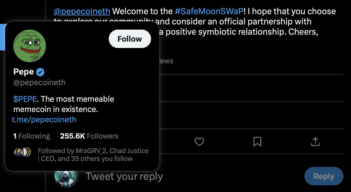 Defi_Spidey's tweet image. Hey #SafeMoonCommunity,

Let&apos;s give @pepecoineth a proper #SafeMoon welcome. If you care to, stop in to say hi and give them a follow! After all, they could be a potential Official #SafeMoonPartner!

#SafeMoonEcosystem #SafeMoonGalaxy