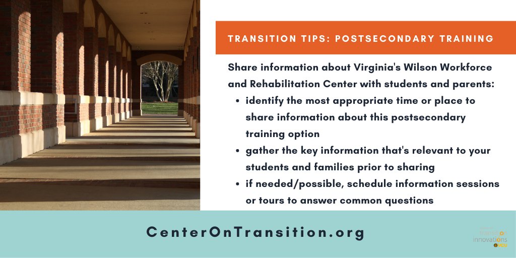 VCU_CTI's tweet photo. This week's #TransitionTip is to share information about Virginia's Wilson Workforce and Rehabilitation Center (WWRC) with students and parents.

For more information, check out the Fast Facts resource we shared yesterday on the WWRC. https://t.co/WCFuQjxGeK