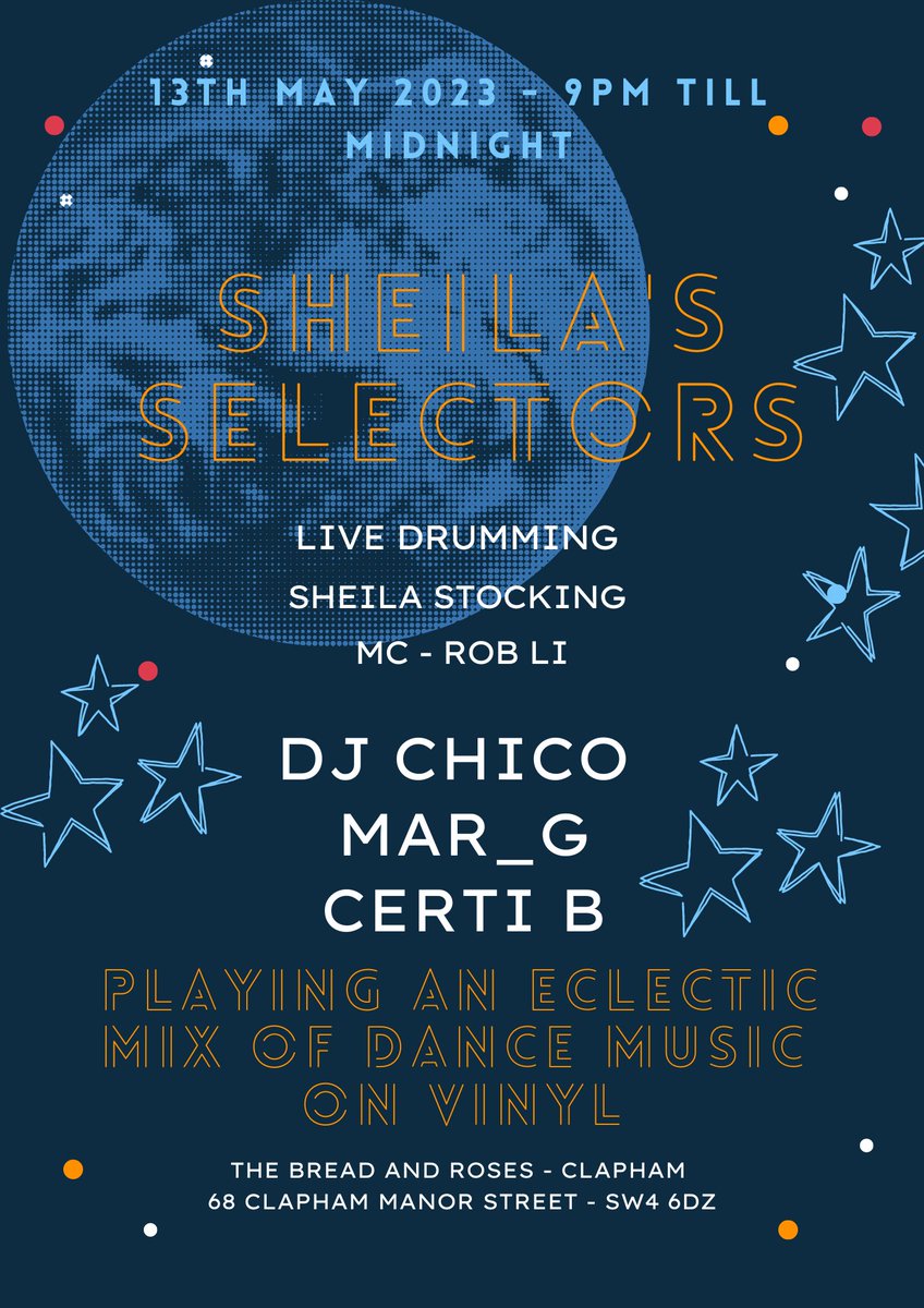 dirtycheeks's tweet photo. THIS SATURDAY MAY 13TH
'SHEILA'S SELECTORS'
DJ CH!CO
MAR_G
CERTI B
MC ROB LI
LIVE PERCUSSION
PLAYING AN ECLECTIC MIX OF DANCE MUSIC ON VINYL.
FREE ENTRY
#vinylΒ #djsΒ #drumming #dancingΒ #livepercussionΒ #gigΒ #pubvenueΒ #dancemusic #nightlifeΒ #nightsoutΒ #southlondon https://t.co/WEeV58QUR5