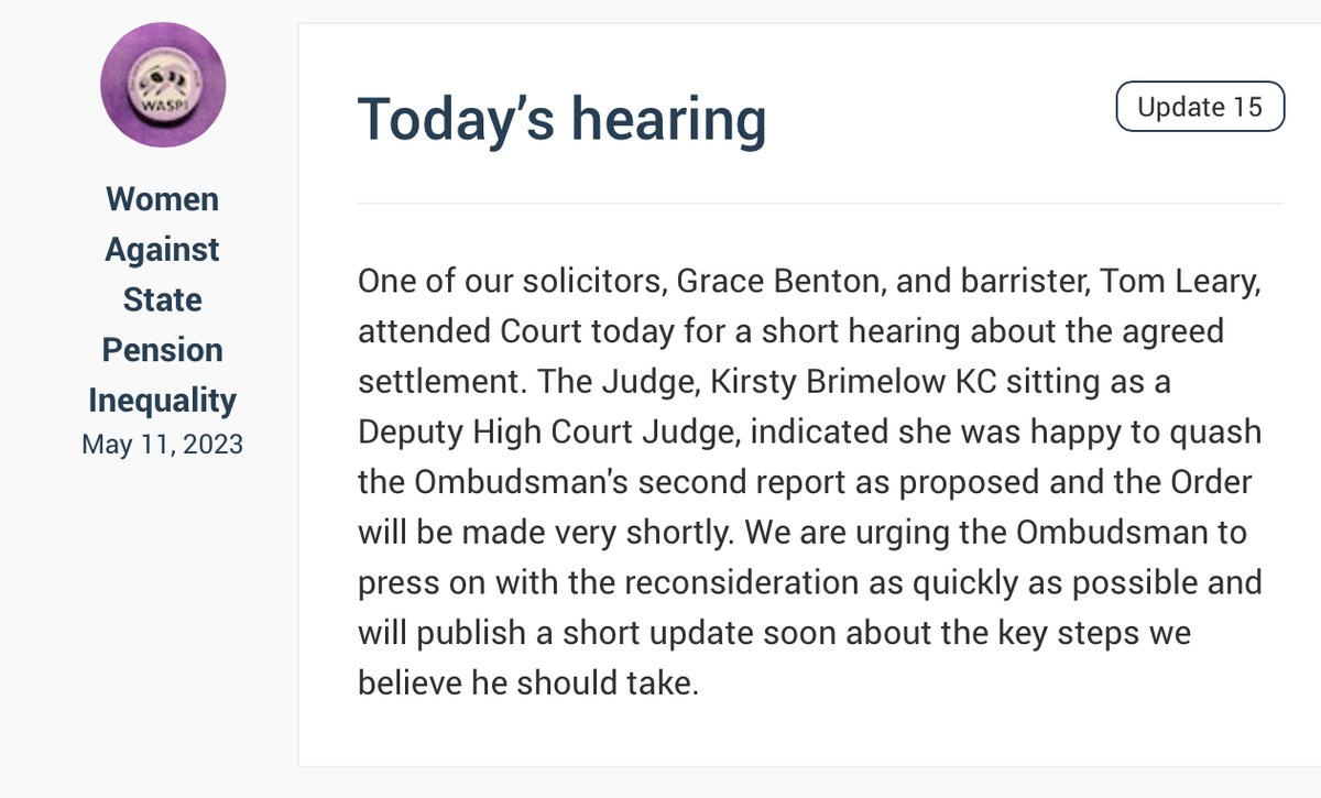 WASPI_Campaign's tweet photo. Here’s the latest update (Update 15) on the Crowdjustice website.  The Ombudsman’s second report has been quashed and we are urging @PHSOmbudsman
to rewrite as quickly as possible.
https://t.co/OAjKFAeJYF https://t.co/6RieealNgO