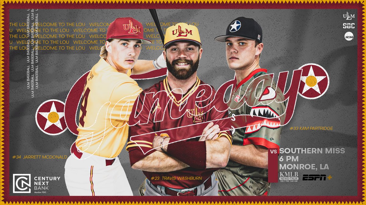 𝐒𝐄𝐍𝐈𝐎𝐑 𝐖𝐄𝐄𝐊𝐄𝐍𝐃

Senior recognition around 5:40 p.m. tonight!

⚾️🆚 Southern Miss
🕕 6 p.m.
📍 The Lou
📺 ESPN+ espn.com/espnplus/playe…
📻 105.7 FM/540 AM KMLB, KMLB.com, TuneIn app
📊 stats.statbroadcast.com/broadcast/?id=…

#TalonsOut 
#USMvsULM 
#SunBeltBSB