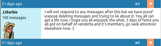HabboFrauds's tweet photo. Update: JJBarbie's promise to release a video, which she failed to do &amp; her urging for us to move on from VHC, she has resurfaced, spreading false claims that iExpose "collaborates with scammers." Quite intriguing. After implying we focus on her, beware of this user. 

#JJBarbie https://t.co/qA6xDmHvqp