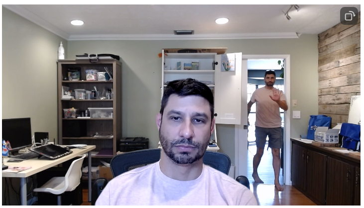 ItsRobbAllen's tweet photo. I created the best Zoom video background today. It's a video of the room I'm in and every few minutes, I open the door, see that I'm on a call, and leave.

It's so subtle that only a few people picked up on it during my last meeting. https://t.co/rE2neWtazl