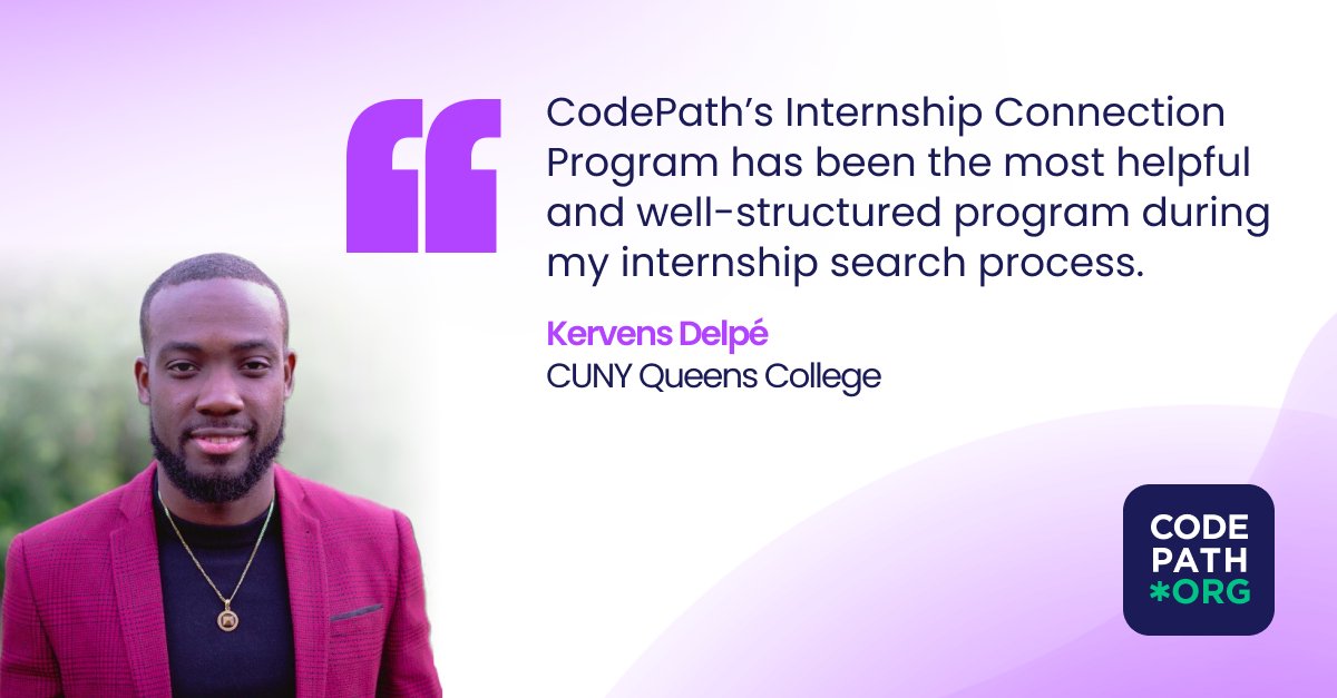 codepath's tweet photo. As a former pre-med major, CodePath's Internship Connection Program gave Kervens the structure he needed to fine-tune his interview skills, build connections with recruiters, and land a #technicalinternship.
Learn more and apply today: https://t.co/M9UjQBeFvf https://t.co/l7uMERxMEq