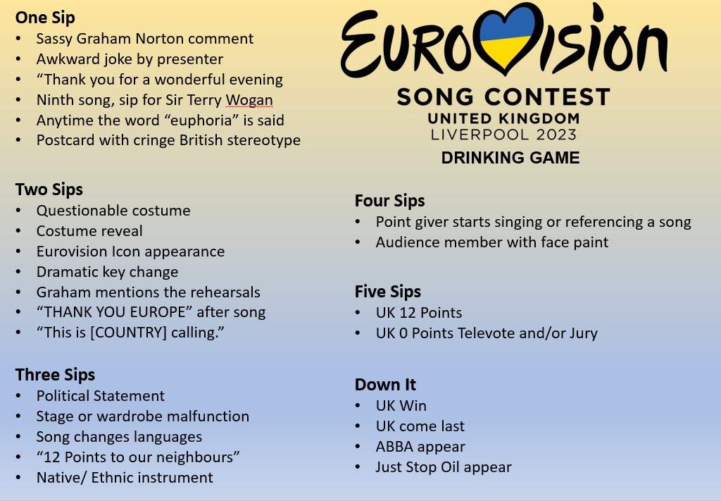 HELLO FRIENDS ITS THAT TIME OF YEAR AGAIN.

I present my 2023 Eurovision Drinking Game.

Enjoy responsibly.

#Eurovision #Eurovision2023