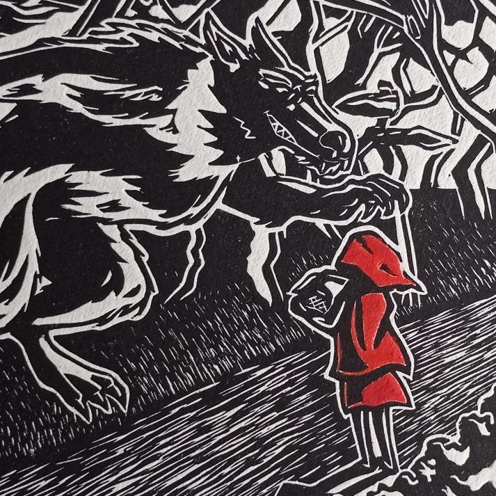 Grabado sobre la Caperucita Roja con un toqué de óleo rojo  más la plancha del linóleo   #grabado #loboferoz #caperucita #linoleo