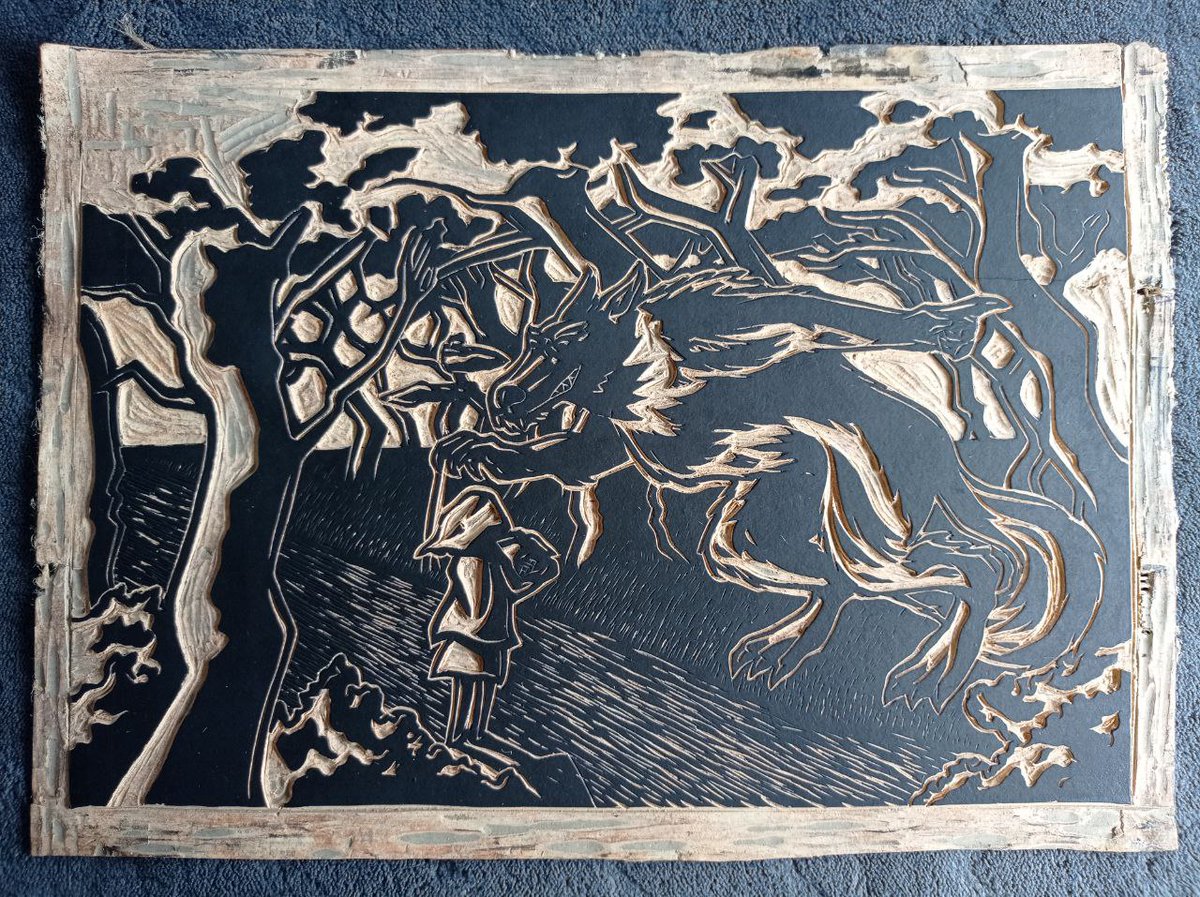 aal_art's tweet photo. Grabado sobre la Caperucita Roja con un toqué de óleo rojo  más la plancha del linóleo   #grabado #loboferoz #caperucita #linoleo https://t.co/n3d6EqAOou