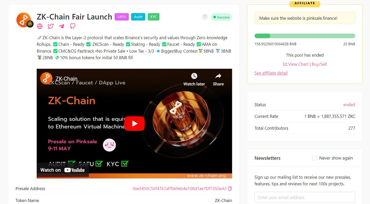 Zk-Chain Fairlaunch has ended with a total raise of 158.95 #BNB raised. The launch will commence tomorrow at 2 PM UTC with an initial Mcap of 78k. Thank you everyone for joining.
