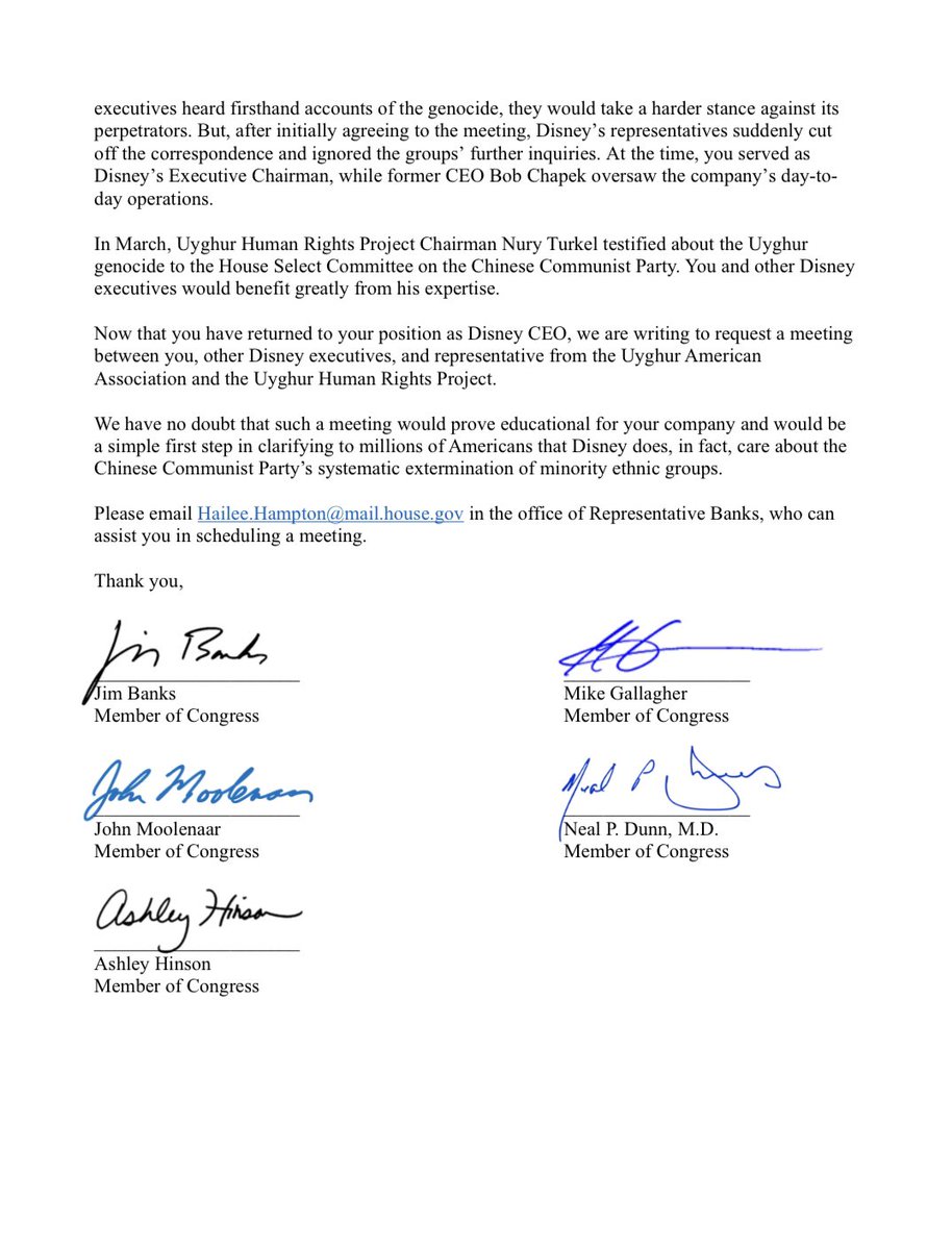 ChinaSelect's tweet photo. BREAKING: Chairman @chairmang joins Select Committee Member @RepJimBanks’ letter to @Disney CEO Bob Iger after the company reportedly cancelled an off-the-record meeting with Uyghur genocide victims. 

“Disney never apologized for partnering with and praising Chinese Communist Party agencies actively engaged in genocide.”