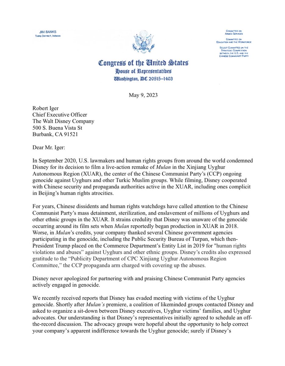 ChinaSelect's tweet photo. BREAKING: Chairman @chairmang joins Select Committee Member @RepJimBanks’ letter to @Disney CEO Bob Iger after the company reportedly cancelled an off-the-record meeting with Uyghur genocide victims. 

“Disney never apologized for partnering with and praising Chinese Communist Party agencies actively engaged in genocide.”