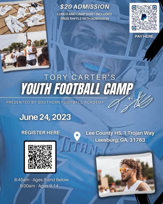 🔥🔥🔥 Come out and take part in #NFL and former <a href="/LCHSTrojans/">LCHS Trojans</a> great <a href="/Tory44Carter/">TORY CARTER</a> Youth Football Camp on June 24th at Trojan Field 🔥🔥🔥