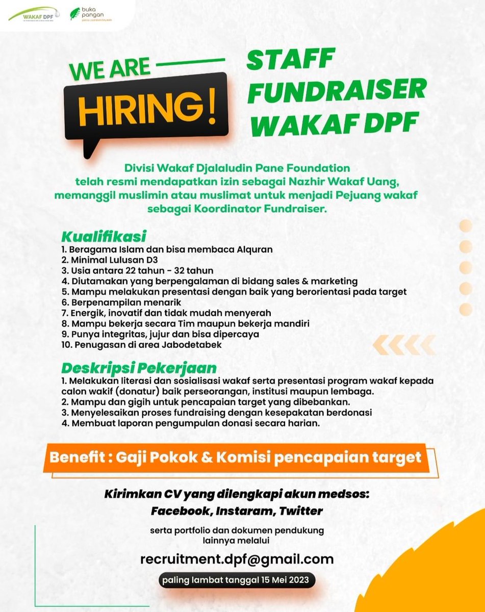 Jika, tertarik dengan salah satu peran ini, kirimkan CV terbaru Anda ke recruitment.dpf@gmail.com

#hiring #lokerjakarta #lokerjabodetabek #lokerjakarta