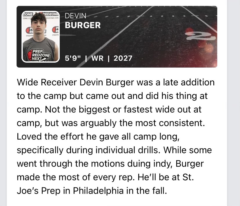 burgerdevin1's tweet image. Thank you @PrepRedzoneNext for the write up. Can’t wait to compete in future events. @PrepRedzoneNext @PrepRedzonePA @PrepRedzone @PRZPAvic @AlPopsFootball