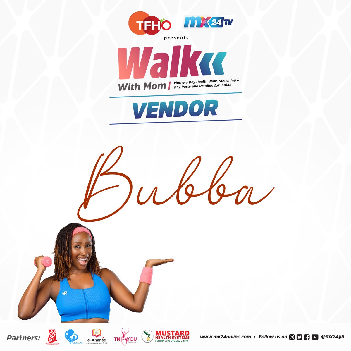 mx24gh's tweet photo. We’re excited to announce Bubba as a vendor for #WalkwithMom. They are a live bubble tea bar for events and offer a variety of refreshing beverages for all occasions.
#mx24gh #funfearlessfactual #TFHO #MothersDaywithMX24 https://t.co/yE7NtlcheR