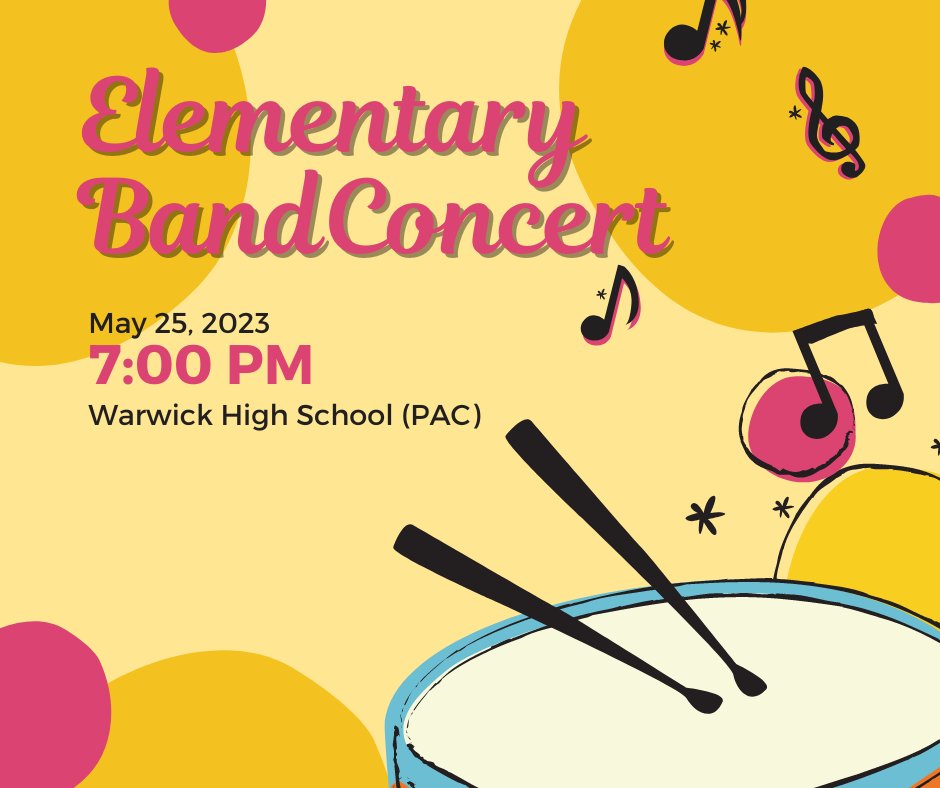 WarwickPR's tweet photo. Join us for the combined elementary band concert tonight at 7:00 PM. The concert will be held at the Warwick High School PAC.

Live Stream: https://t.co/5AieyDJ3DA

We hope to see you there! 🥁 https://t.co/fDjaVMpBoe